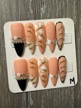 Peach & Black Stiletto Press-On Nails with Gold Accents